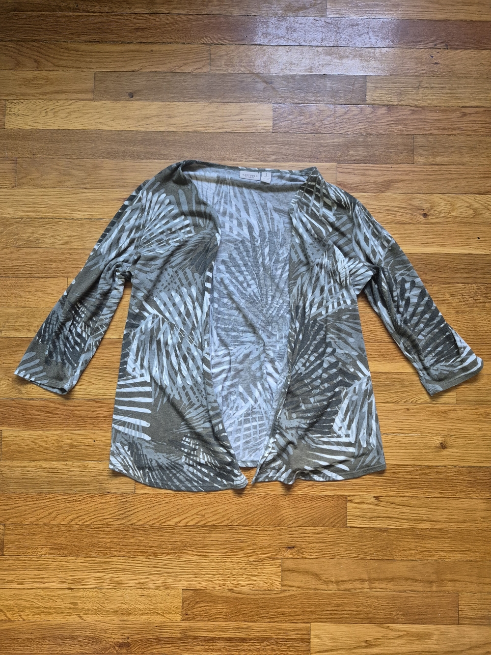 Chico's Olive Green Palm-Print Open Cardigan